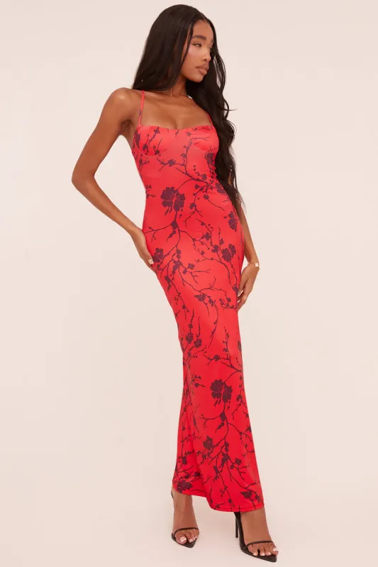Red Floral Print Shoulder Straps Maxi Dress - Madelon sold by Rebellious Fashion