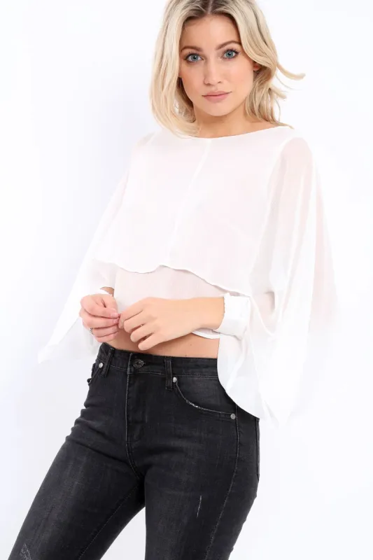 White Sheer Batwing Frill Layer Top - Pip sold by Rebellious Fashion