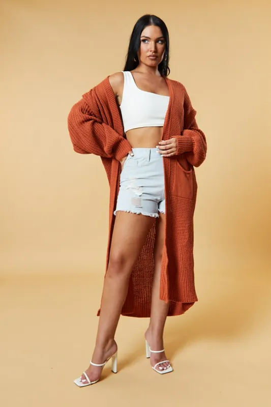 Rust Longline Knit Maxi Cardigan - Ema sold by Rebellious Fashion