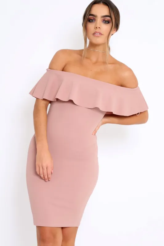 Rose Frill Bardot Midi Dress - Bridget sold by Rebellious Fashion