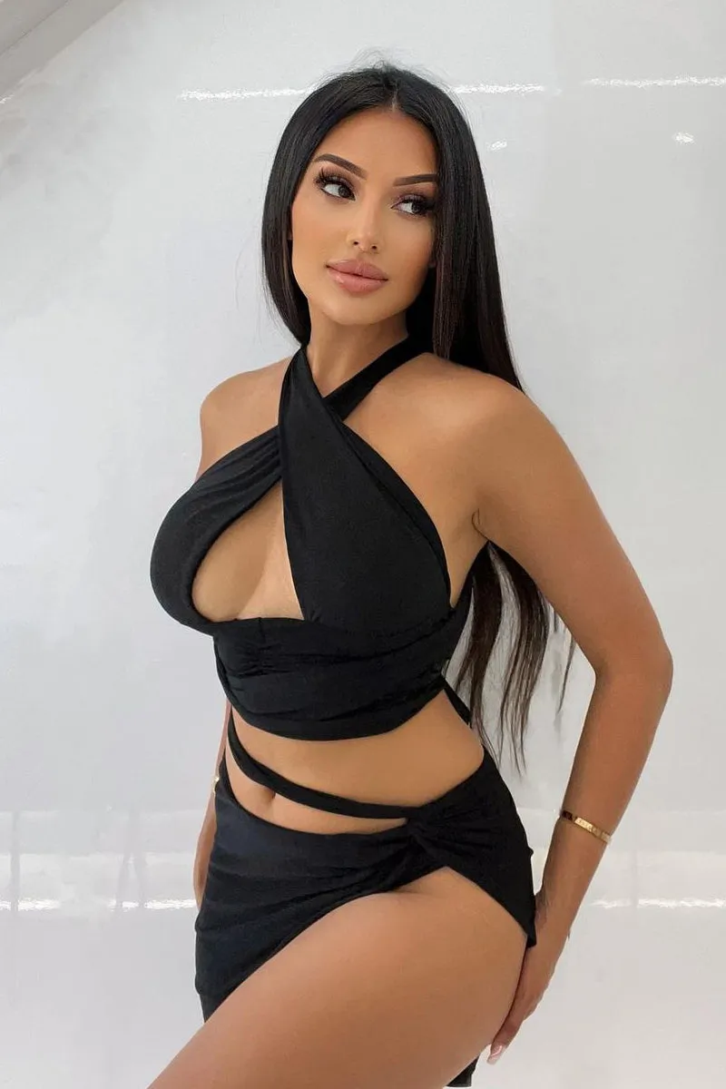 Black Halter Neck Slinky Crop Top - Jessabel sold by Rebellious Fashion