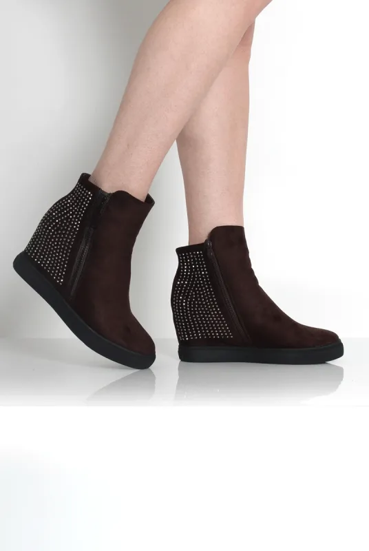 Tiffany Brown Suede Diamante Wedged Boots sold by Rebellious Fashion
