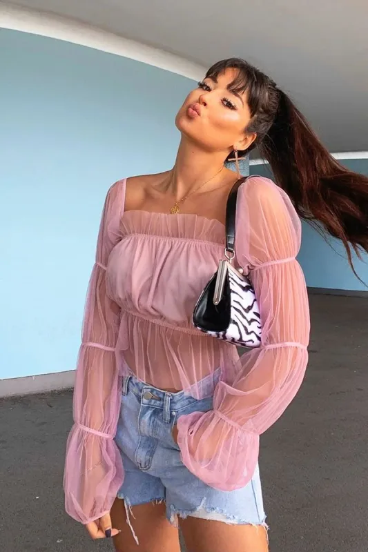 Rose Tulle Mesh Bardot Crop Top - Gemini made by Rebellious Fashion