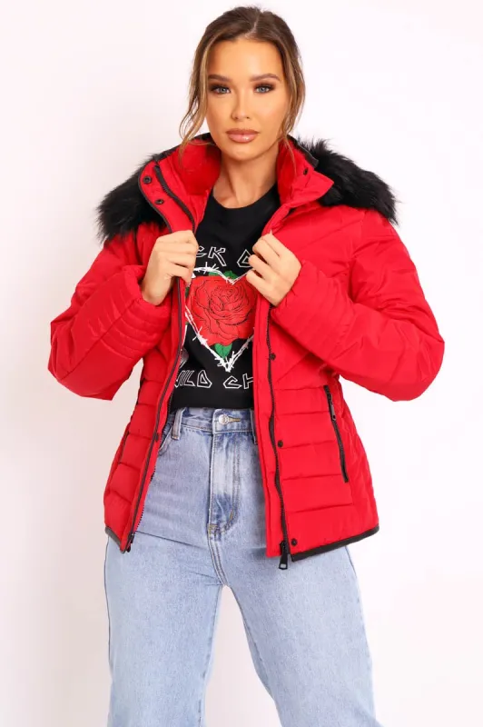 Red Fur Trim Quilted Puffer Coat - Lania sold by Rebellious Fashion