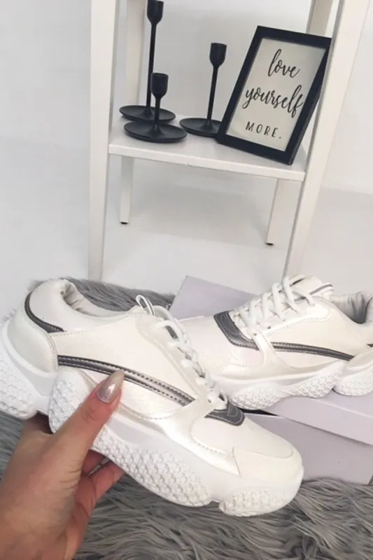 White Shimmer Effect Chunky Sole Trainers - Frances sold by Rebellious Fashion