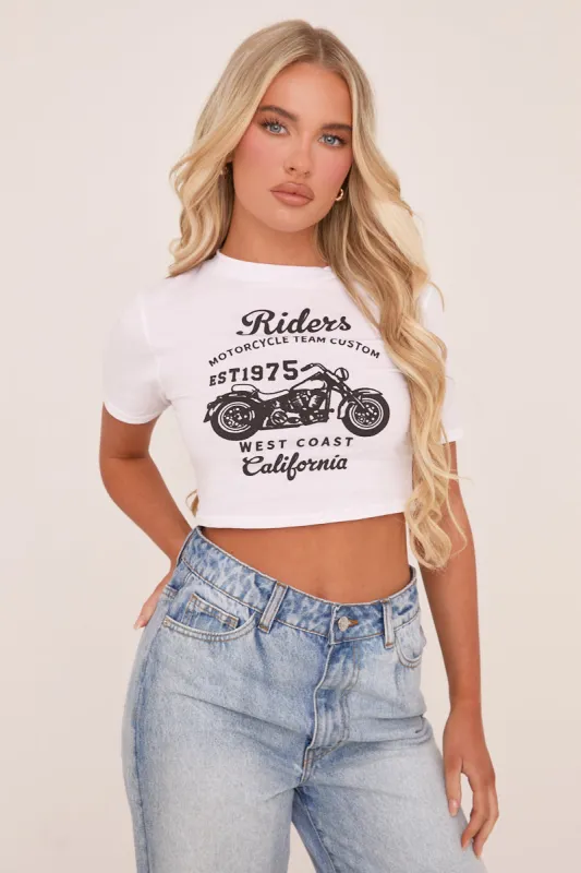 White Moto Cross Graphic Print Cropped T-shirt - Adeline sold by Rebellious Fashion