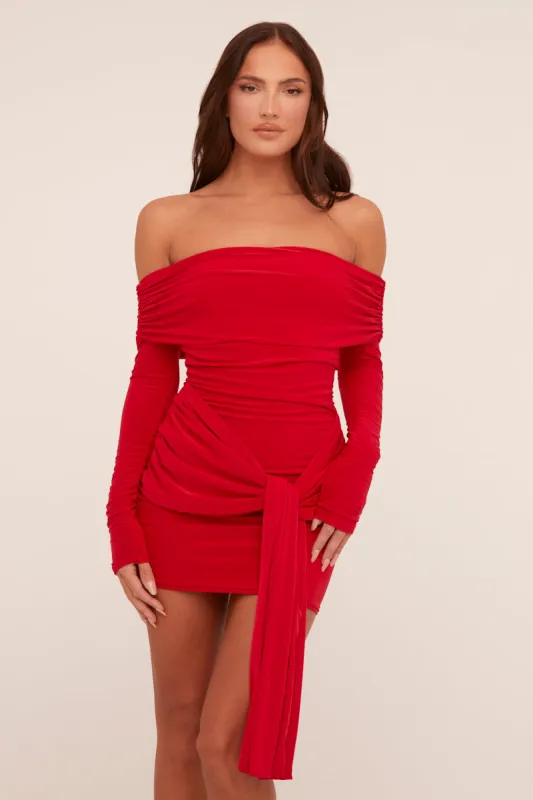 Red Bardot Tie Front Mini Dress - Teagen sold by Rebellious Fashion