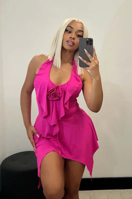 Pink Rosette Detail Halter Neck Asymmetric Dress - Azami sold by Rebellious Fashion