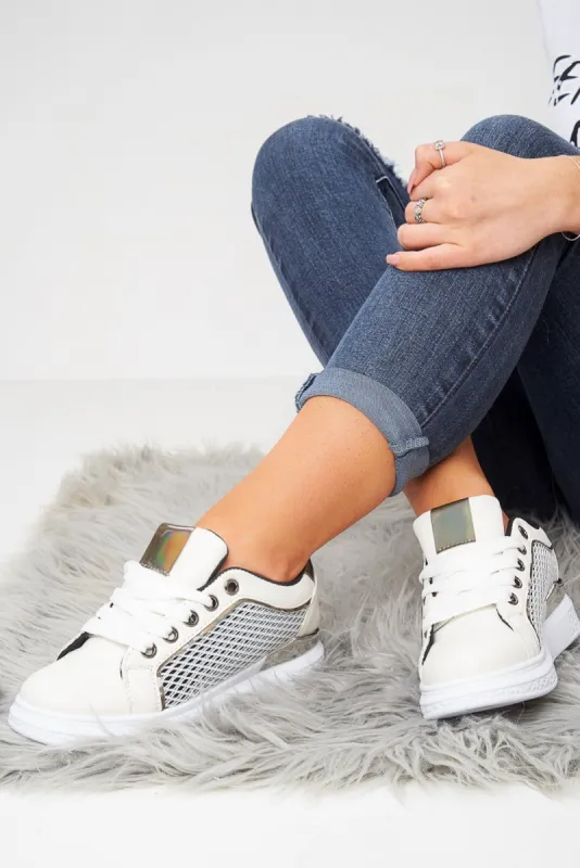 White Net Chunky Sole Lace Up Trainers - Shanae sold by Rebellious Fashion
