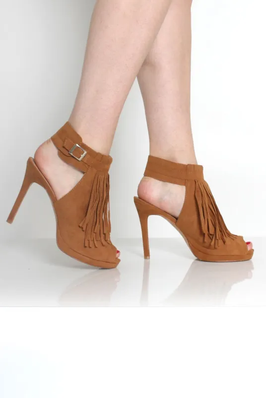Fern Tan Suede Tassel Peep Toe Heels sold by Rebellious Fashion