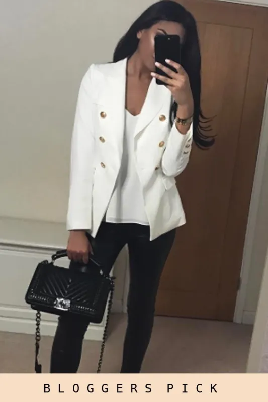 White Fitted Gold Button Blazer - Mei sold by Rebellious Fashion