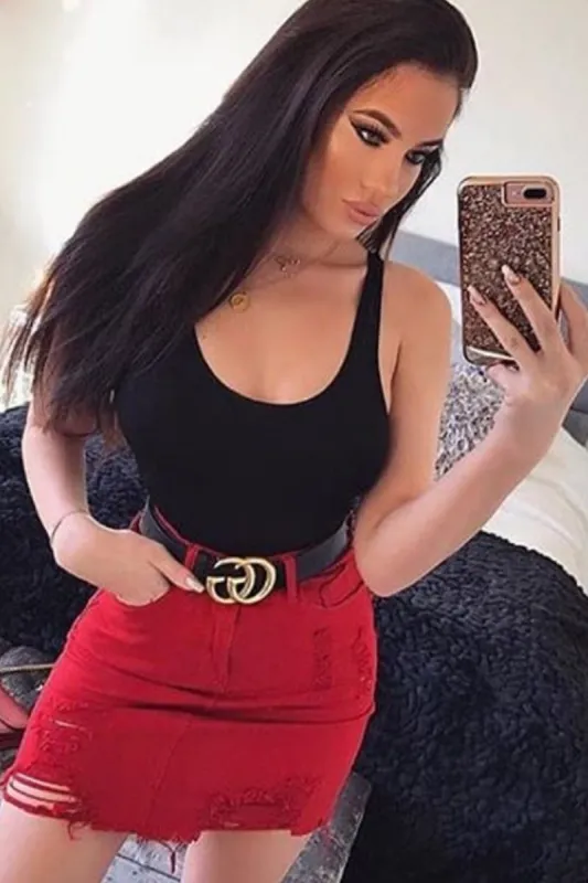 Red Denim Rip Mini Skirt - Selenia sold by Rebellious Fashion