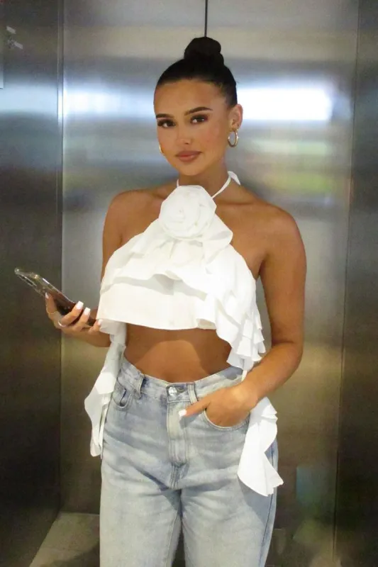 White Rosette Frill Detail Crop Top - Arisa sold by Rebellious Fashion