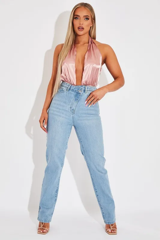 Blush Satin Plunge Halter Bodysuit - Aleesia sold by Rebellious Fashion