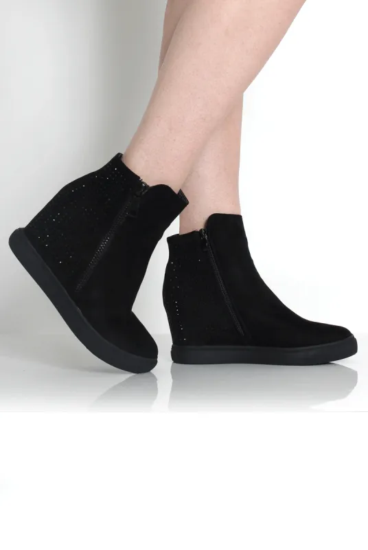 Tiffany Black Suede Diamante Wedged Boots sold by Rebellious Fashion