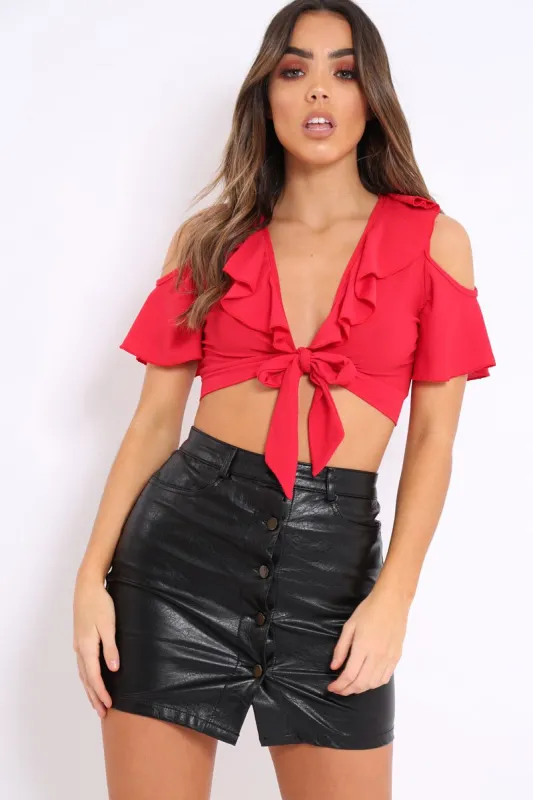 Red Tie Front Cold Shoulder Crop Top - Ellinor sold by Rebellious Fashion