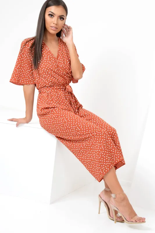 Rust Polka Dot Wrap Culotte Jumpsuit -Juni sold by Rebellious Fashion