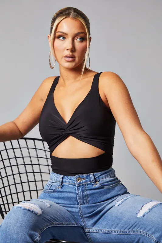 Black Twist Front Cut Out Cropped Top - Nila sold by Rebellious Fashion
