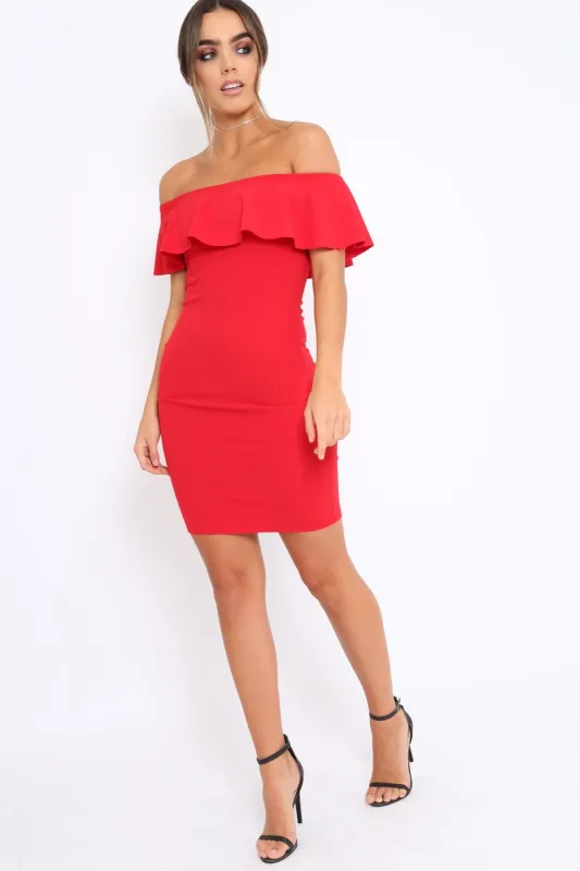 Red Frill Bardot Midi Dress - Bridget sold by Rebellious Fashion