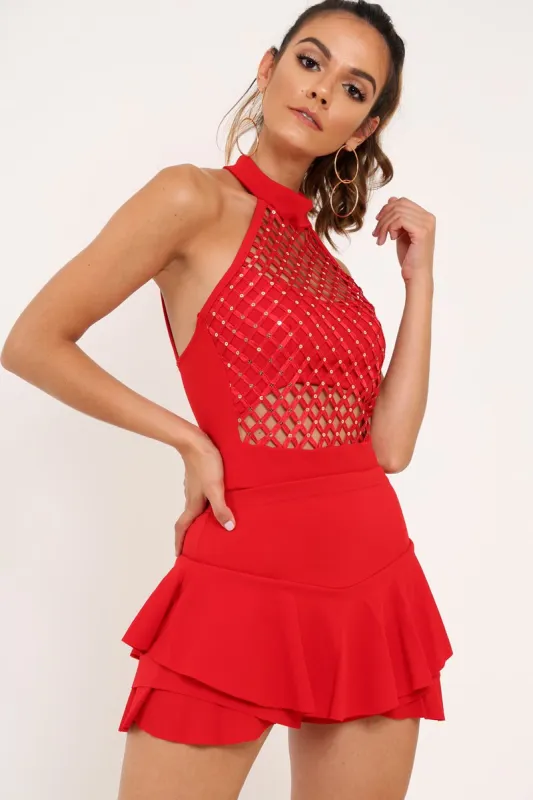 Red Sequin Caged Halterneck Bodysuit - Aanvi sold by Rebellious Fashion