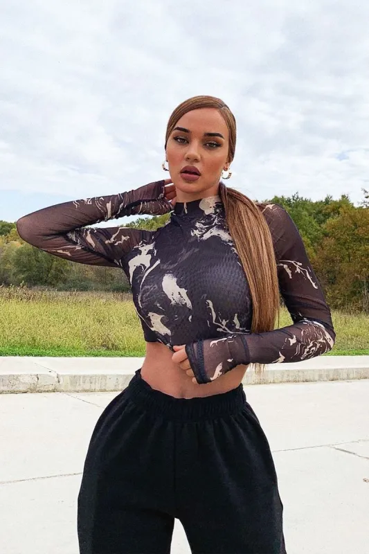 Black Marble Ruched Inside Mesh Crop Top - Mally sold by Rebellious Fashion