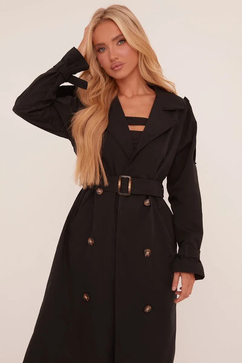 Black Longline Belt Detail Button Front Trench Coat - Melony sold by Rebellious Fashion product image thumbnail 4