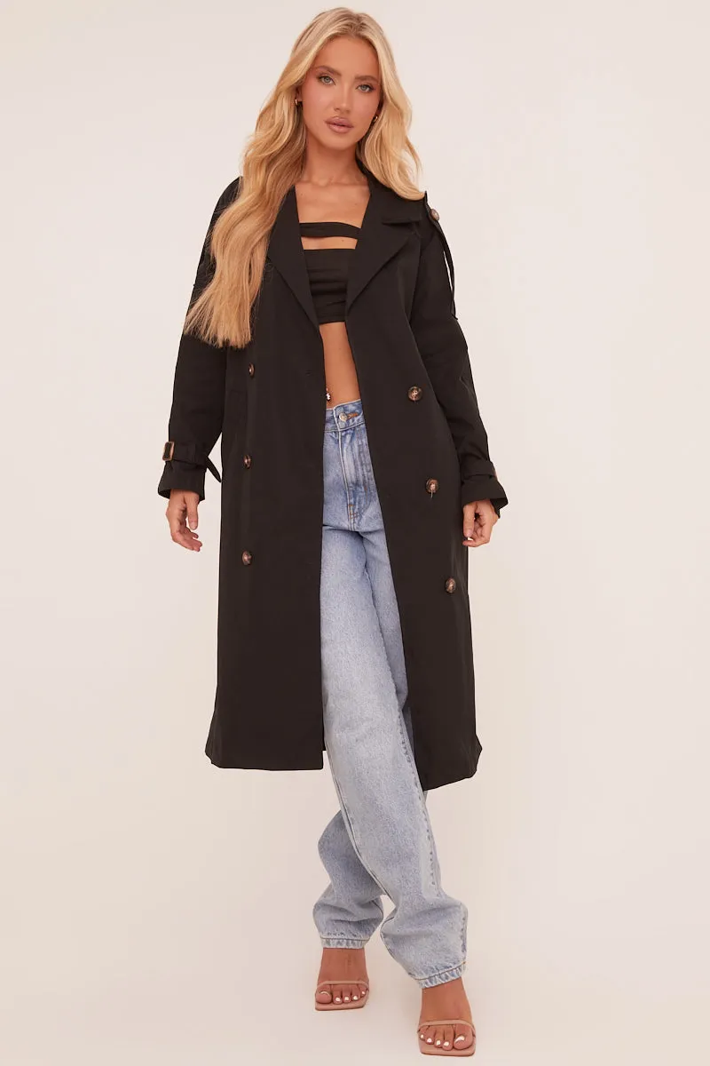 Black Longline Belt Detail Button Front Trench Coat - Melony sold by Rebellious Fashion