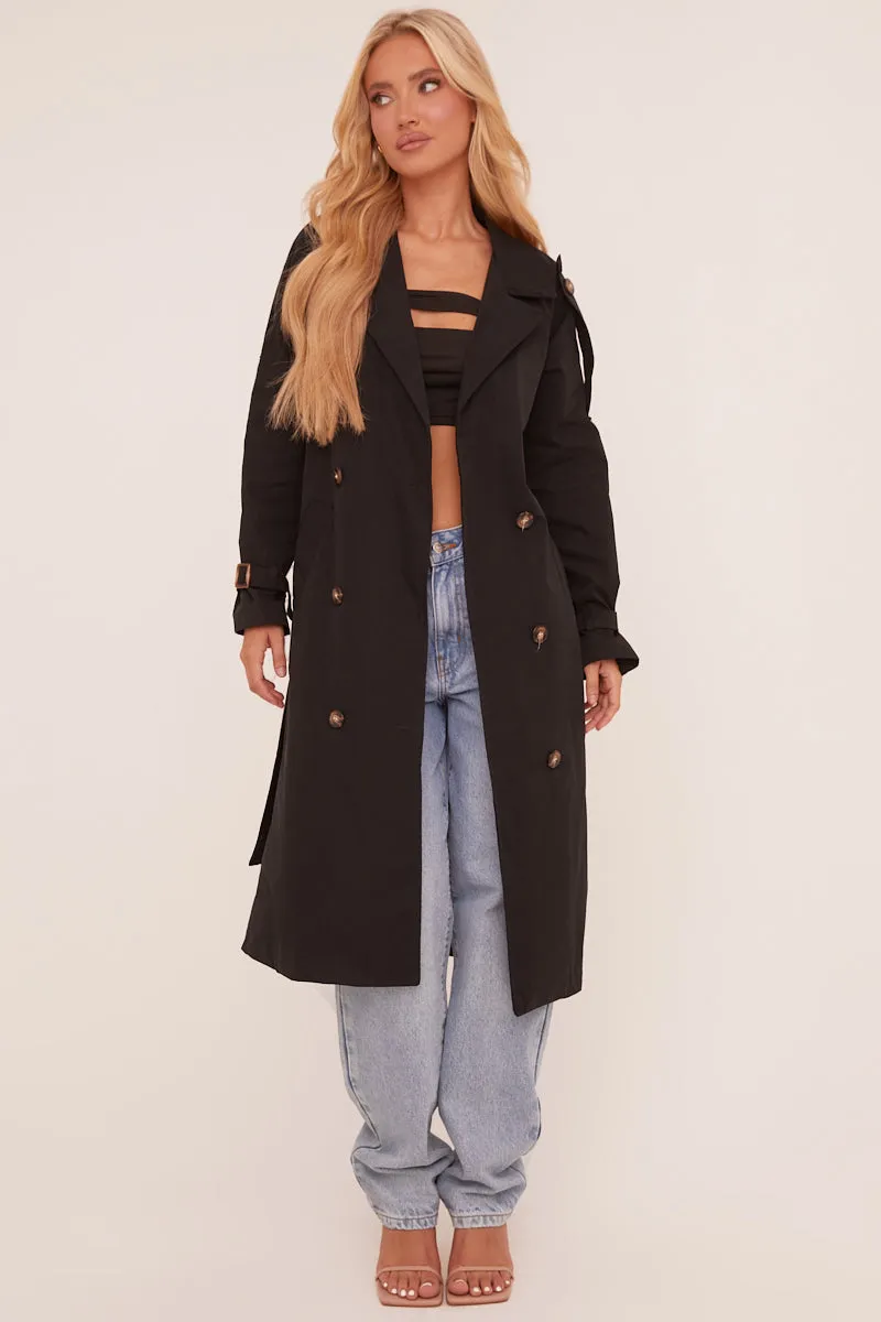 Black Longline Belt Detail Button Front Trench Coat - Melony sold by Rebellious Fashion product image thumbnail 2