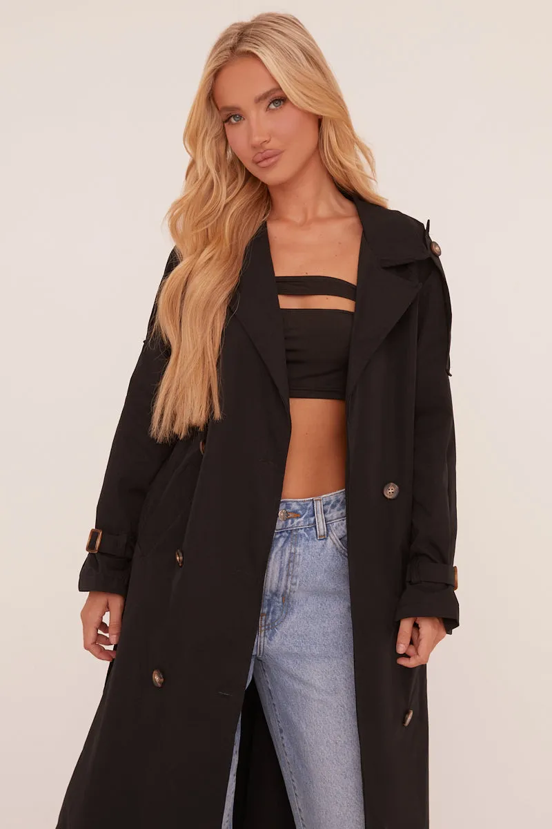 Black Longline Belt Detail Button Front Trench Coat - Melony sold by Rebellious Fashion product image thumbnail 3
