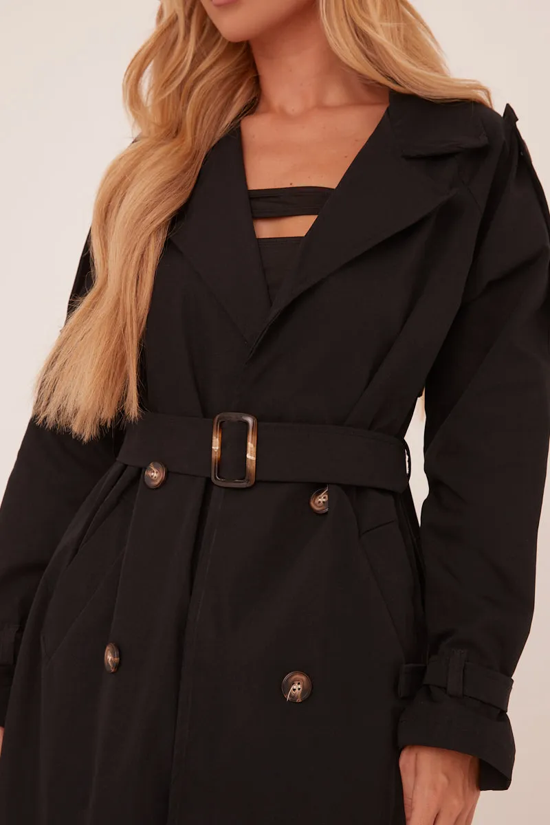 Black Longline Belt Detail Button Front Trench Coat - Melony sold by Rebellious Fashion product image thumbnail 5