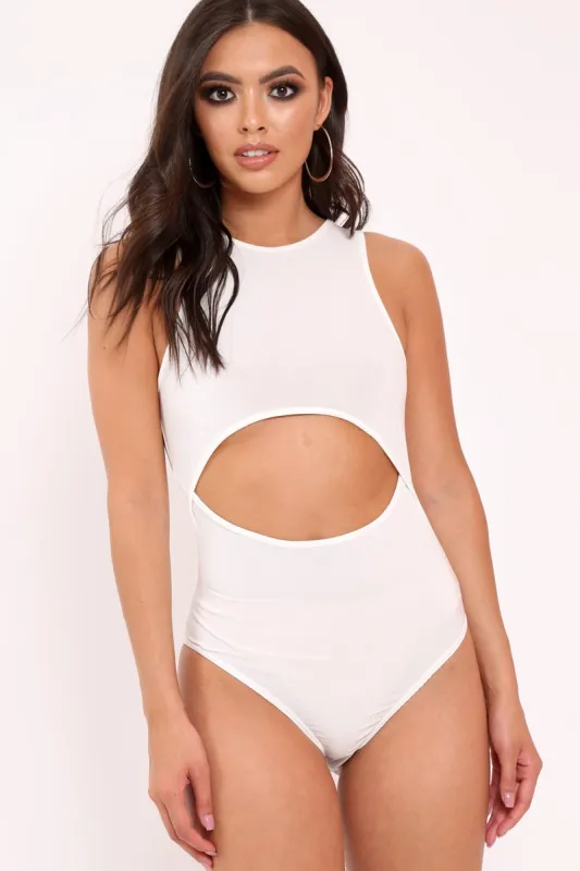 White Slinky Cut Out Middle Bodysuit - Jolissa sold by Rebellious Fashion