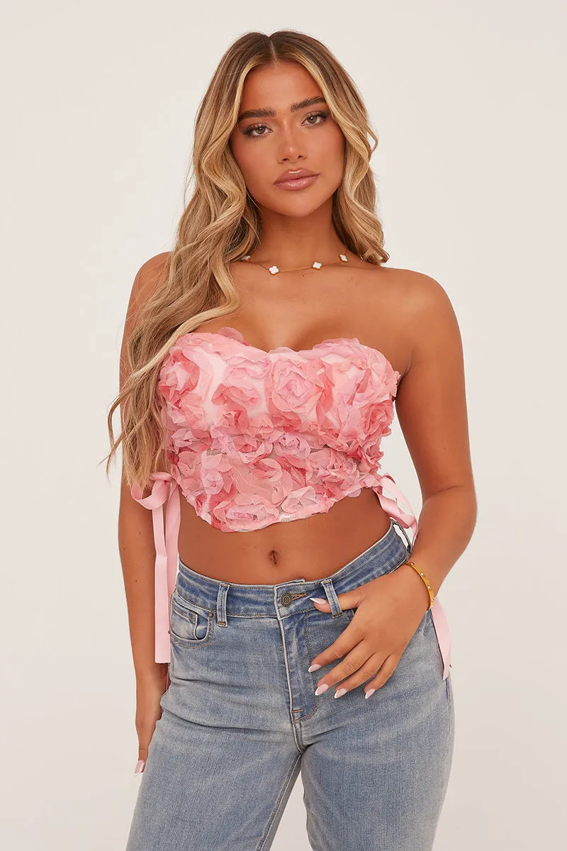 Pink Rosette Detail Lace Up Corset Top - Joleen sold by Rebellious Fashion