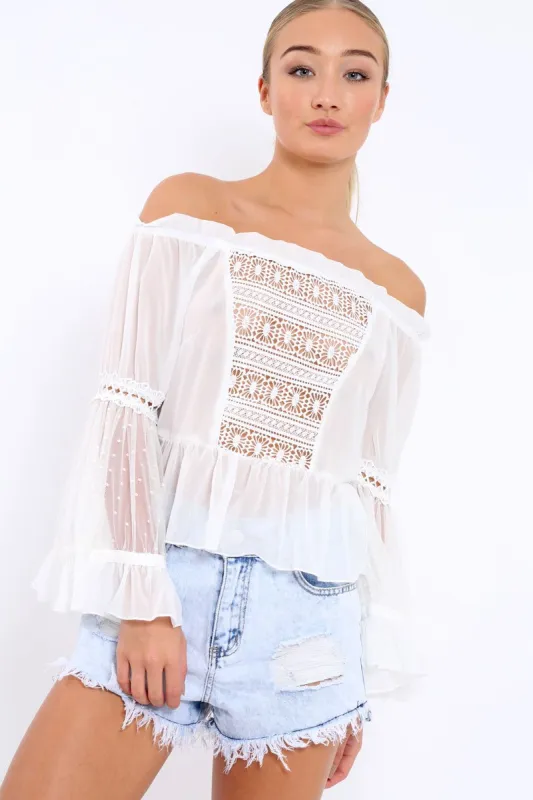 White Sheer Bardot Blouse - Rosey sold by Rebellious Fashion