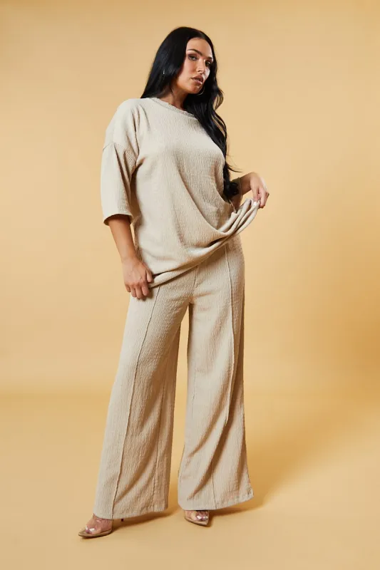 Beige Textured Knit Trousers & Oversized Top Co-ord Set - Cecelia sold by Rebellious Fashion
