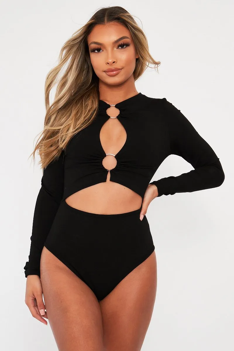 Black Ring Detail Cut Out Long Sleeve Bodysuit - Elissa sold by Rebellious Fashion product image thumbnail 3