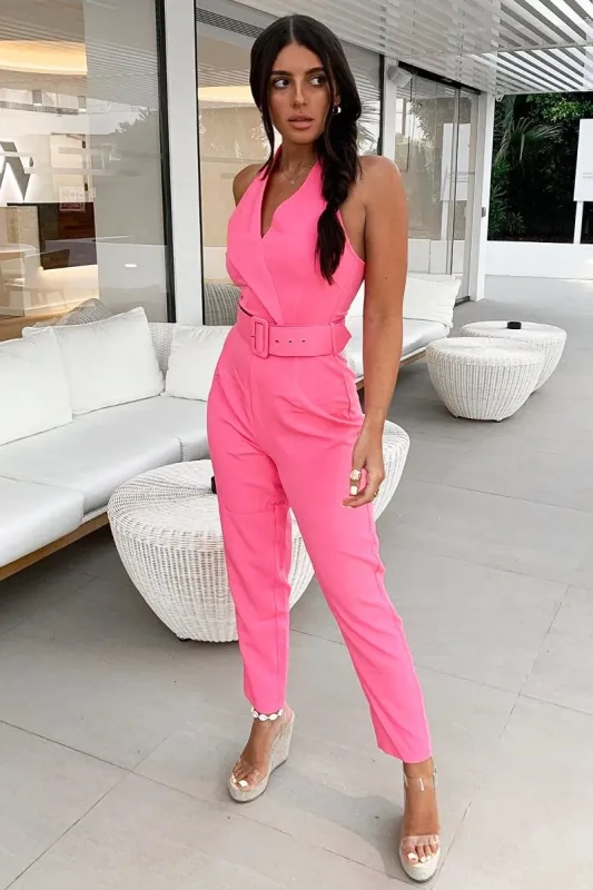 Pink Plunge Front Belted Jumpsuit - Mykel sold by Rebellious Fashion