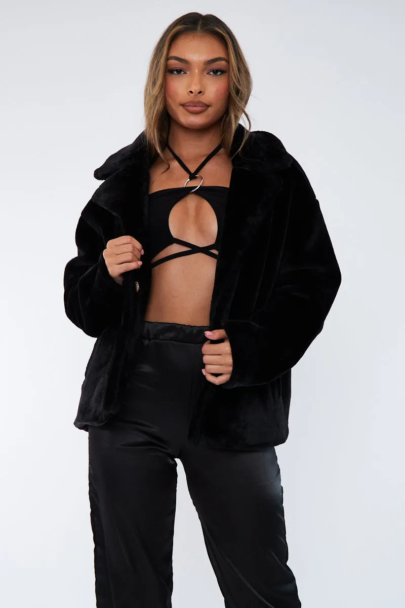 Black Cropped Faux Fur Coat - Janara sold by Rebellious Fashion product image thumbnail 2