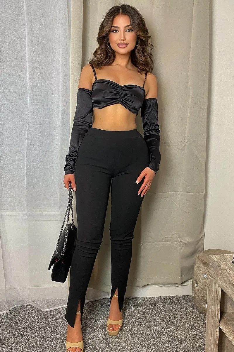 Black Bardot Satin Crop Top - Alana sold by Rebellious Fashion