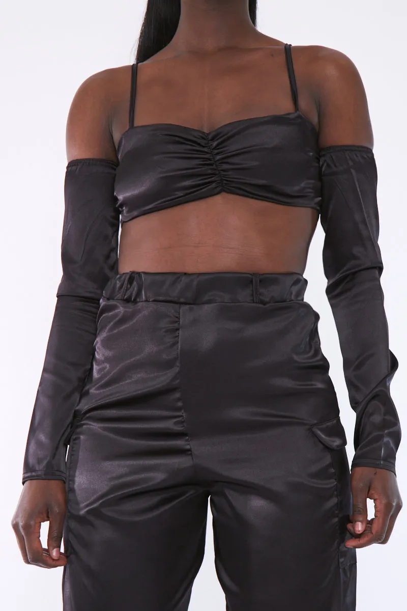 Black Bardot Satin Crop Top - Alana sold by Rebellious Fashion product image thumbnail 4