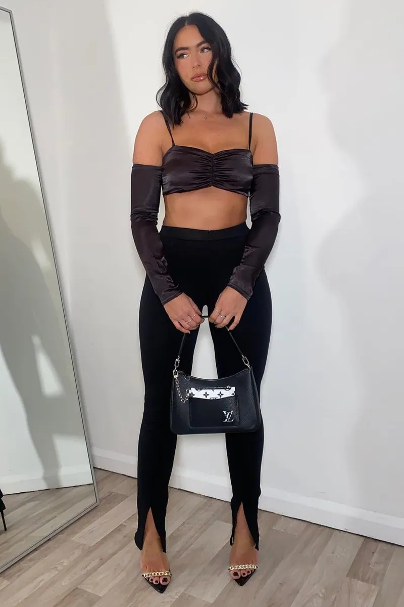 Black Bardot Satin Crop Top - Alana sold by Rebellious Fashion product image thumbnail 5