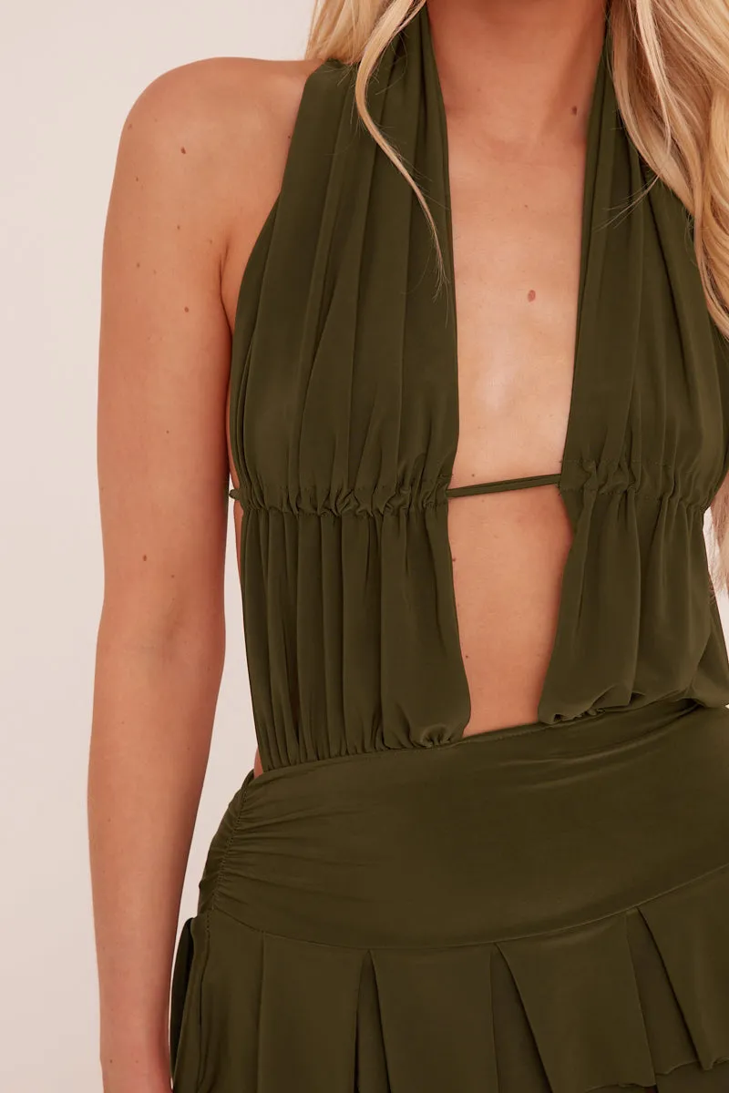Khaki Plunge Neck Frill Detail Mini Dress - Swan sold by Rebellious Fashion product image thumbnail 4