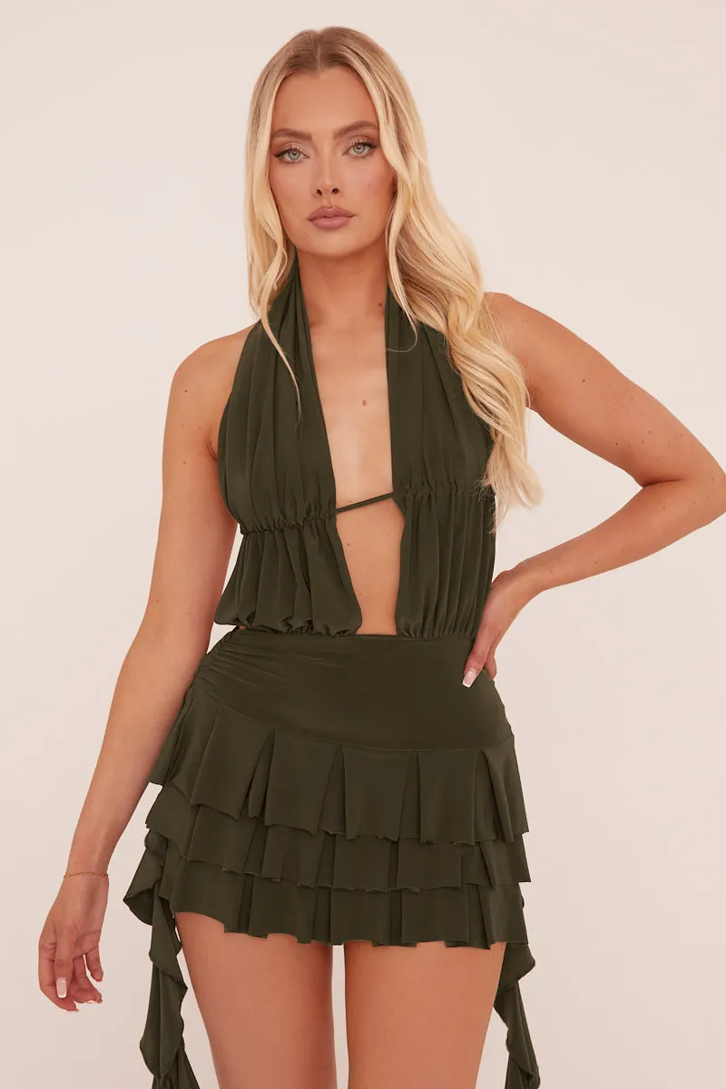 Khaki Plunge Neck Frill Detail Mini Dress - Swan sold by Rebellious Fashion