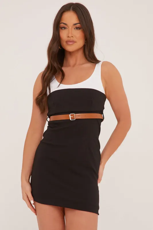 Black Contrast Straps Belt Detail Mini Dress - Nira sold by Rebellious Fashion