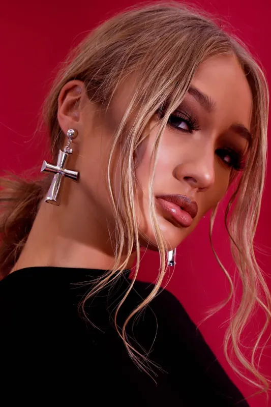 Silver Chunky Cross Earrings - Nyrie sold by Rebellious Fashion