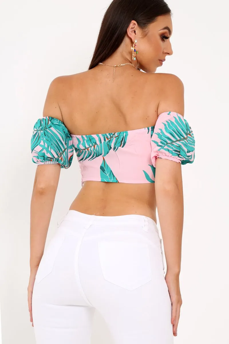 Pink Tropical Bardot Crop Top - Candis sold by Rebellious Fashion product image thumbnail 5