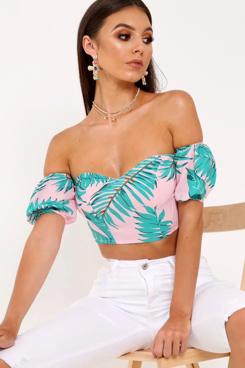 Pink Tropical Bardot Crop Top - Candis sold by Rebellious Fashion product image thumbnail 3