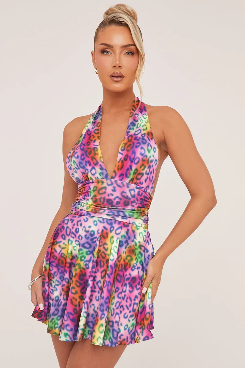 Multi Leopard Print Halter Neck Mini Dress - Aria sold by Rebellious Fashion
