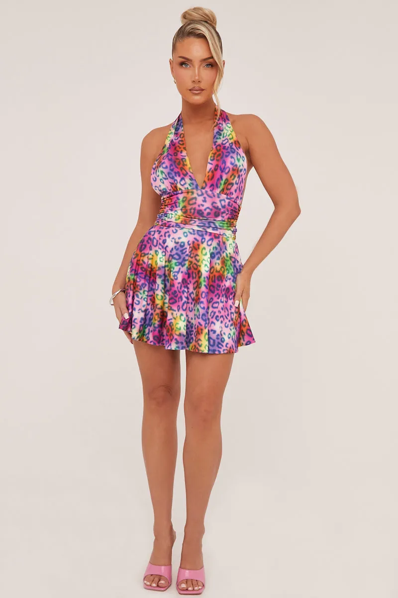 Multi Leopard Print Halter Neck Mini Dress - Aria sold by Rebellious Fashion product image thumbnail 2