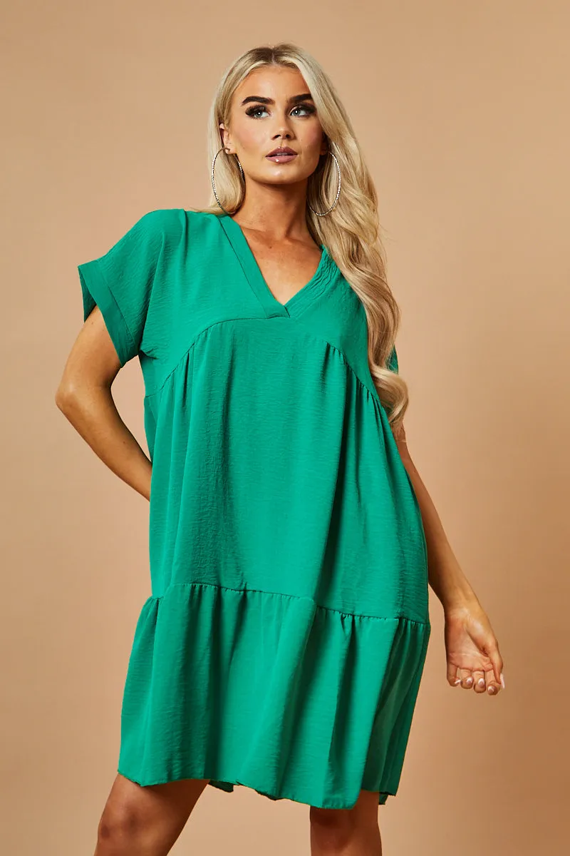Green V-Neck Tiered Frill Mini Dress - Kate sold by Rebellious Fashion