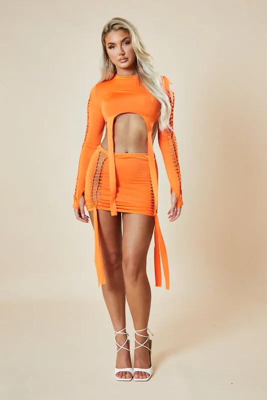 Orange Knot Detail Crop Top & Mini Skirt Set - Isabel sold by Rebellious Fashion